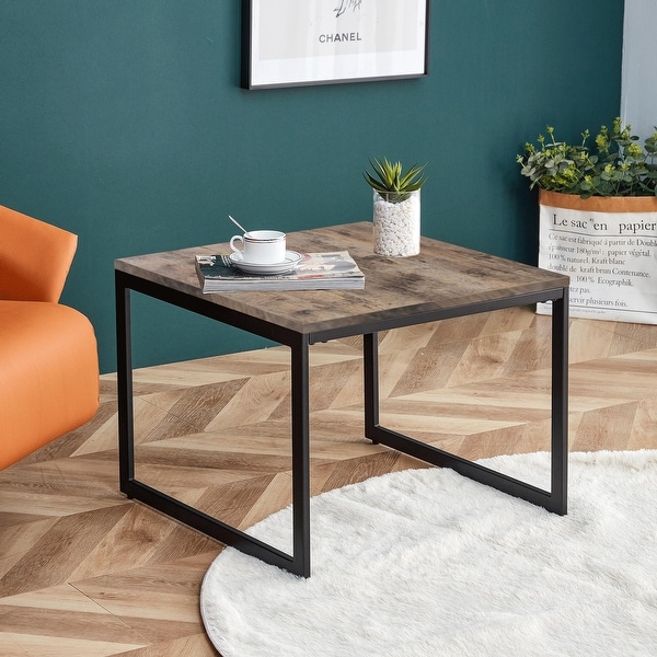 Square Coffee Table, 22.8 inch Industrial Cocktail Table, Large Accent Center Table Table Wood Tabletop with Metal Frame