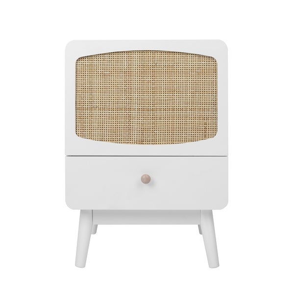 White Nightstand, Bedside Table with Storage Drawe Rattan Door