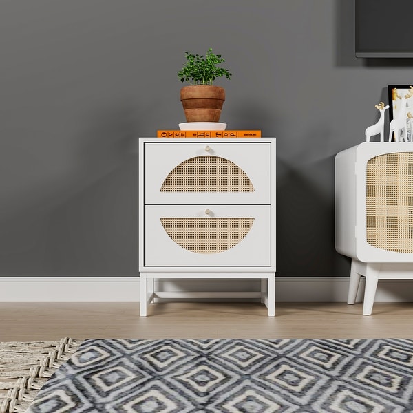 Allen 2 Drawer Nightstand Set of 2,White,Natural Rattan,Display Rack for Bedroom and Living Room