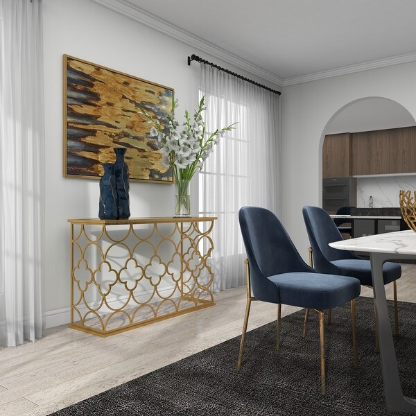 Gold Metal Quatrefoil Design Geometric with Glass Top Accent and Coffee Table Collection