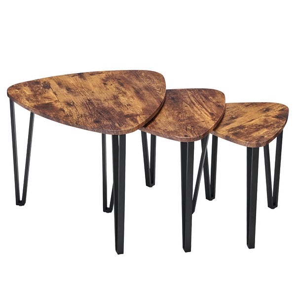 Stacking Side Table Set of 3, Nesting Triangle End Coffee Tables, Vintage Brown