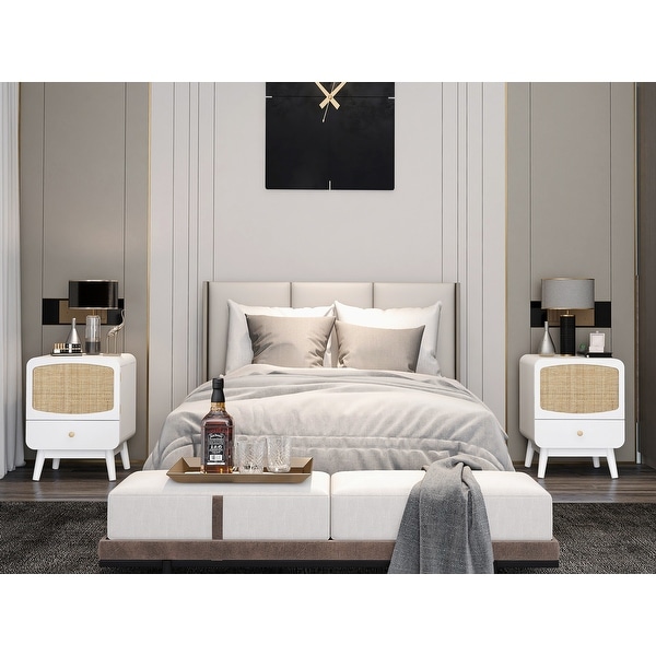 White Nightstand, Bedside Table with Storage Drawe Rattan Door