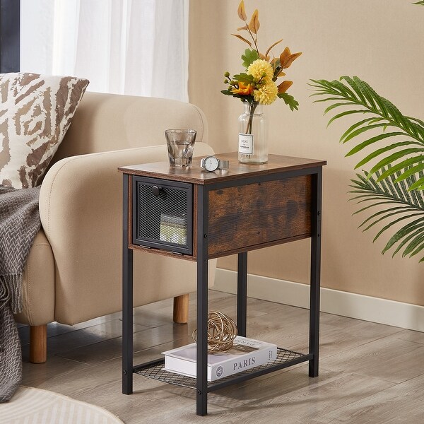 Set of 2 Flip Top Side Table with 1-Drawer and Steel Mesh Shelf ,Slim Sofa Table, Rustic Brown