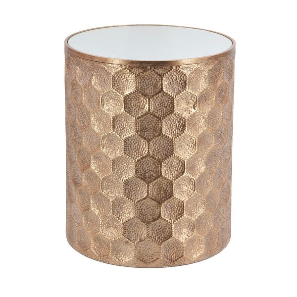 20 Inch Side Table, Iron Top, Mirrored Tabletop, Hammered Texture, Gold