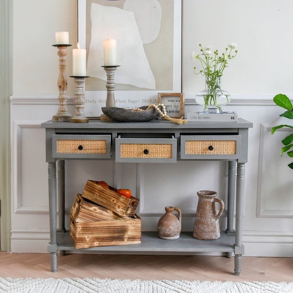Farmhouse Rattan Console Table, Rustic Long Entryway Table with 3 Drawers,Long Shelf Sofa Table, Antique Gray