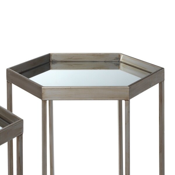 Side Table with Mirror Top and Metal Frame, Set of 2, Gray