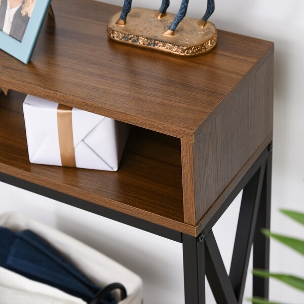 HOMCOM Industrial Style Entryway Console Table Desk with Shelf for Living Room, or Bedroom, Walnut Wood Grain