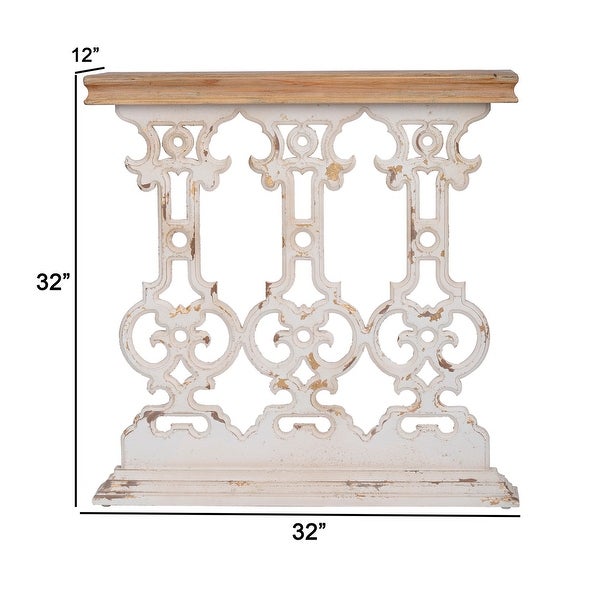 32 Inch Console Table, Fir Wood, Traditional, Scrollwork, Whitewash, Brown