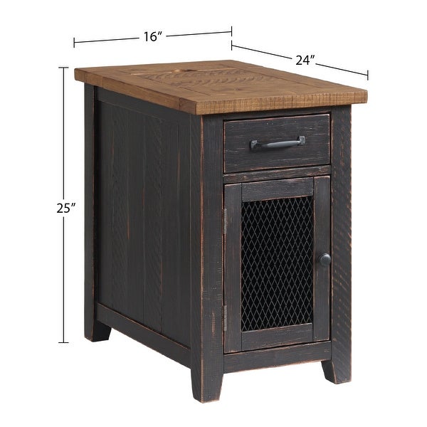 Rustic Chairside Table with hidden Charging Station, Solid Wood