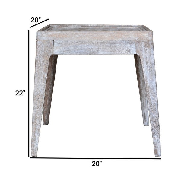 22 Inch Rustic End Table, Mango Wood, Whitewashed Weathered Finish, White