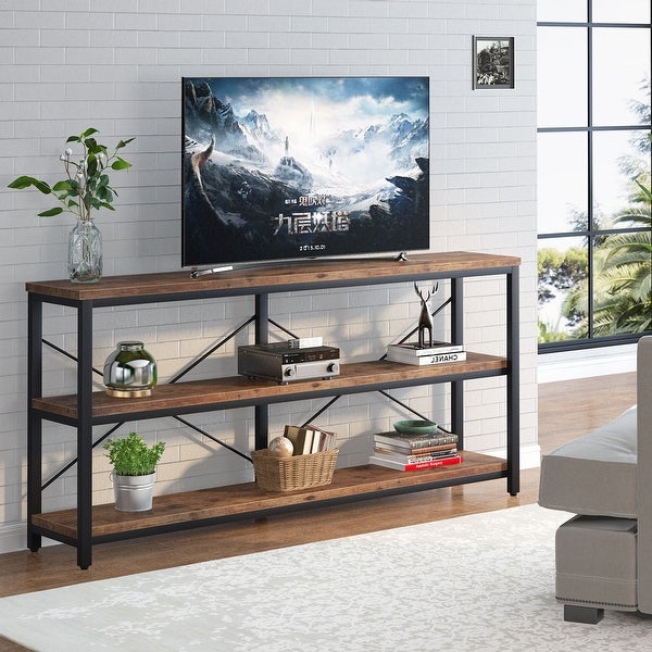 Brown Industrial Extra Long Console Sofa Table,White/ Gold 3 Tiers TV Stand