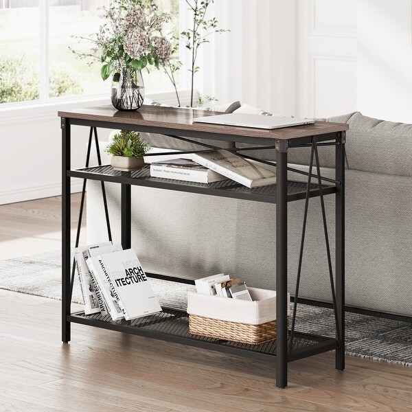 HOMOOI Console Sofa Table Industrial, 3-Tier Narrow Long Entryway Table with Mesh Storage Shelves, Spliced Woodgrain Top, 39.4