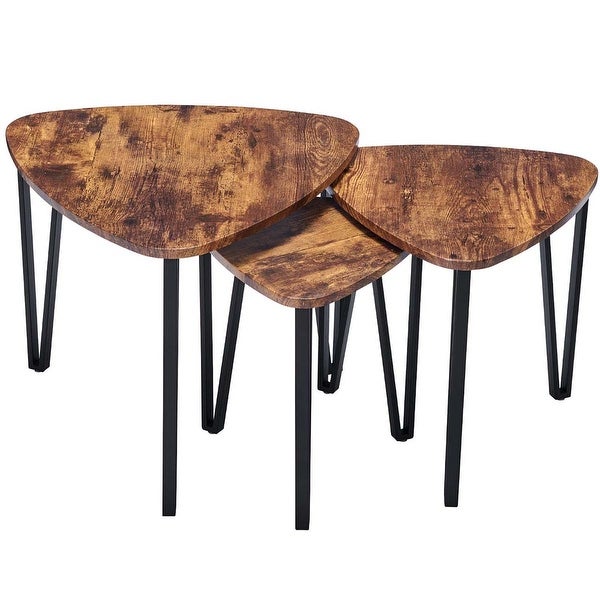 Stacking Side Table Set of 3, Nesting Triangle End Coffee Tables, Vintage Brown