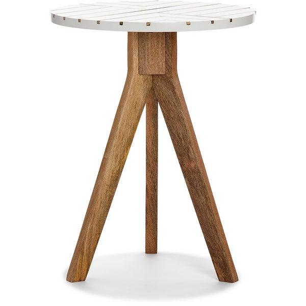 Adore Decor Amari Round Side Table, Brass Inlay Top with Solid Wood Legs, Living Room Accent Furniture, Fully Assembled, White