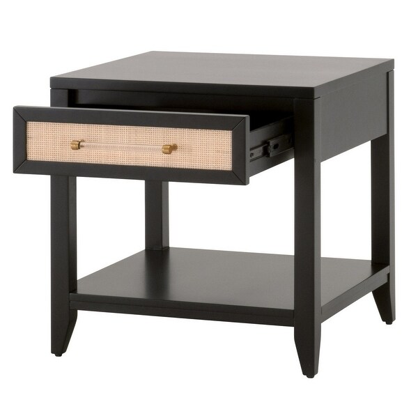 24 Inch Wood Side Table with Rattan Front Drawer, Bottom Shelf, Black