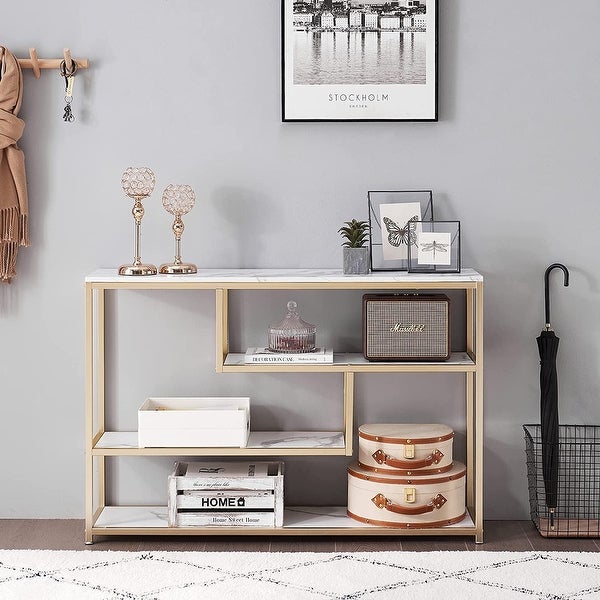ivinta 3-Tier Console Table White Entryway Table with Shelves, Gold Sofa Tables for Living Room