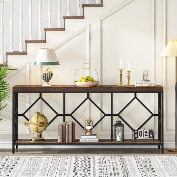 71 Inch Extra Long Console Table, Industrial Narrow Sofa Table Entry Table Behind Couch Table with Open Storage Shelf