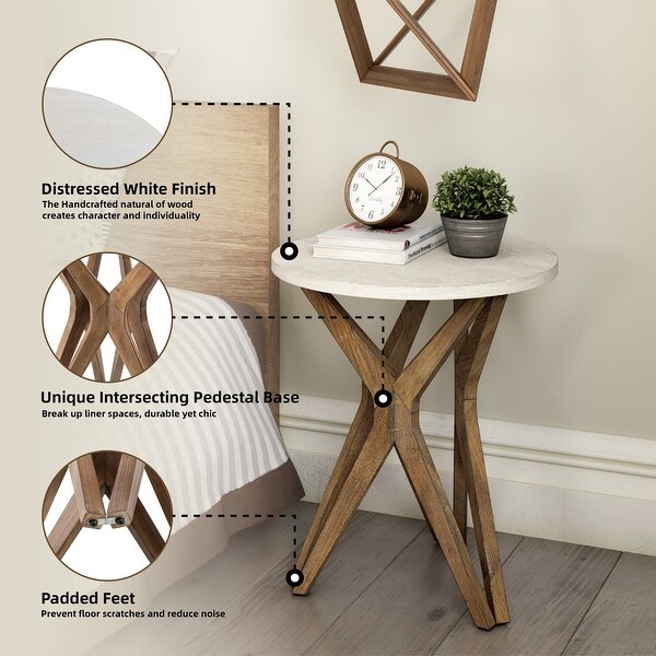 COZAYH Pedestal Farmhouse End Table Set of 2, Distressed White Top with Base for Modern Farmhouse, Boho Decor, Round