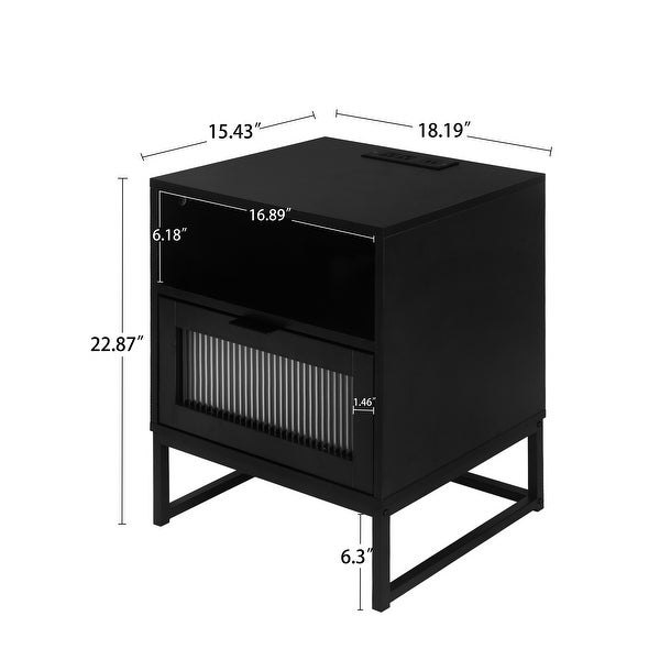Nightstand with LED Lights Drawer, Black Bedside Table for Bedroom