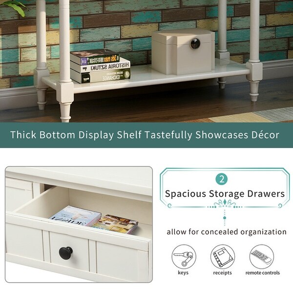 Vintage Console Table w/2 Drawers and Shelf,Pine Wood Frame(Ivory White)
