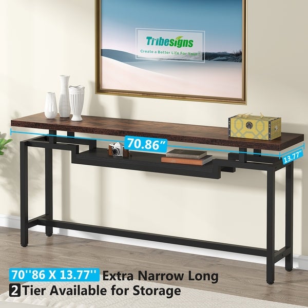 Brown/ Black 70.86 Inches Industrial Extra Long Console Entryway Table, White/ Gold Modern 2-Tier TV Stand