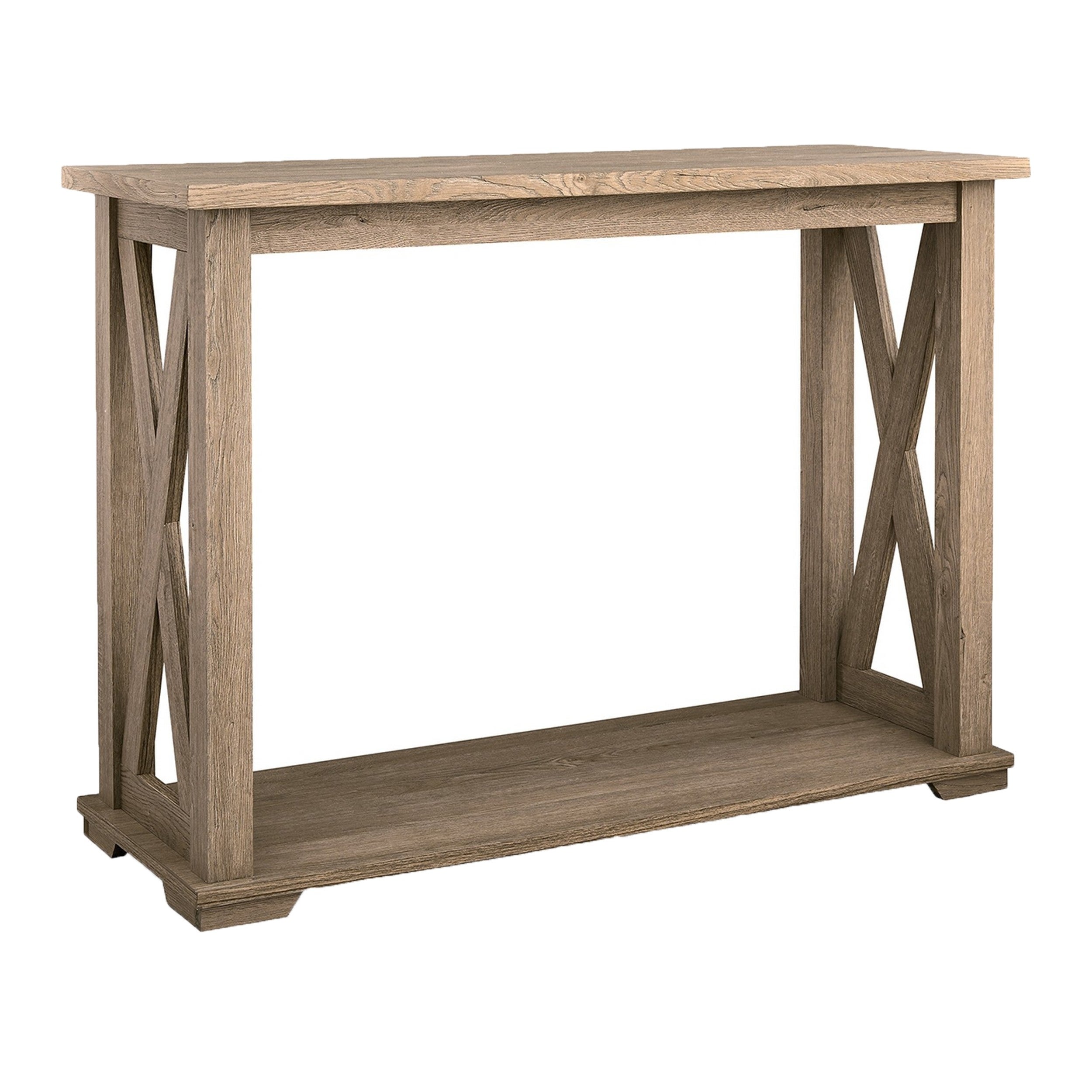 42 Inch Sofa Table, Crossbuck Side Accents, 1 Open Shelf, Rustic Brown