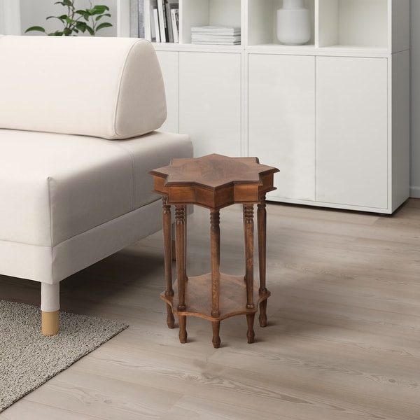 22 Inch French Design Handcrafted Mango Wood Side Table with Star Shape, Brown