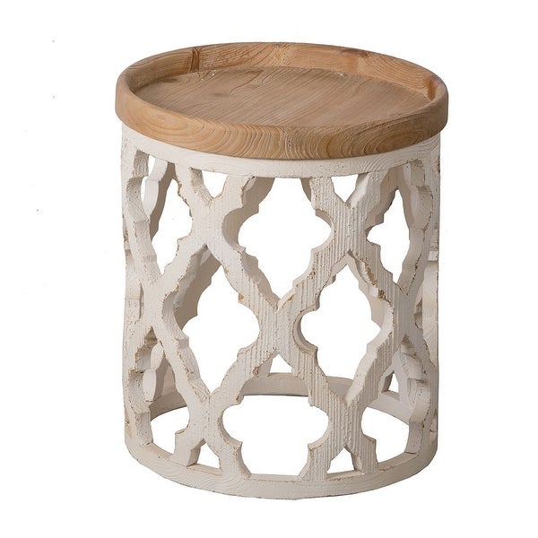 23 Inch Side Table, Vintage Wood Cutout Design, Round Top, Brown, Cream
