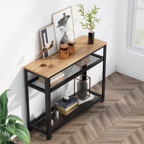 Console Table, Entryway Hallway Table with 2 Mesh Storage Shelves,Sofa Table Behind Couch