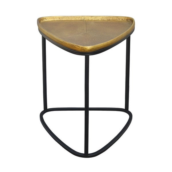 19 Inch Aluminum Side End Table, Iron Frame, Guitar Pick Shaped Top, Antique Brass, Black - 18.6 H x 14.7 W x 15.6 L I