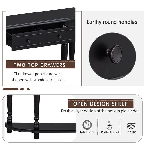 Retro Romanesque Style Curved Design Solid Wood Console Table, Entryway Table with 2 Top Drawers and Open Shelf for Living Room