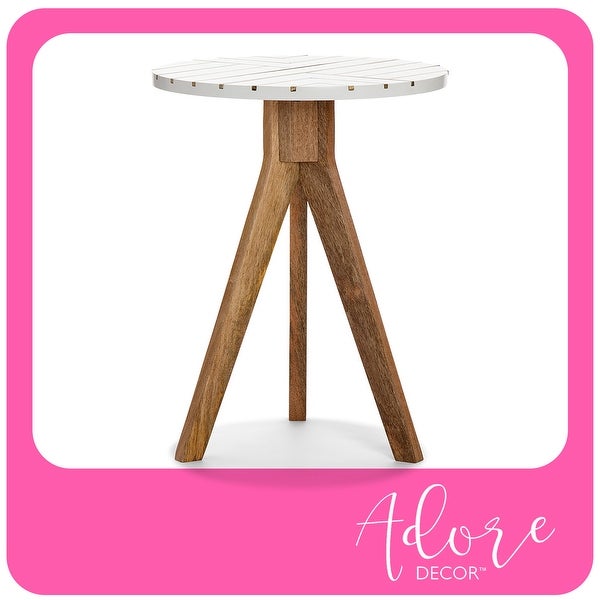 Adore Decor Amari Round Side Table, Brass Inlay Top with Solid Wood Legs, Living Room Accent Furniture, Fully Assembled, White