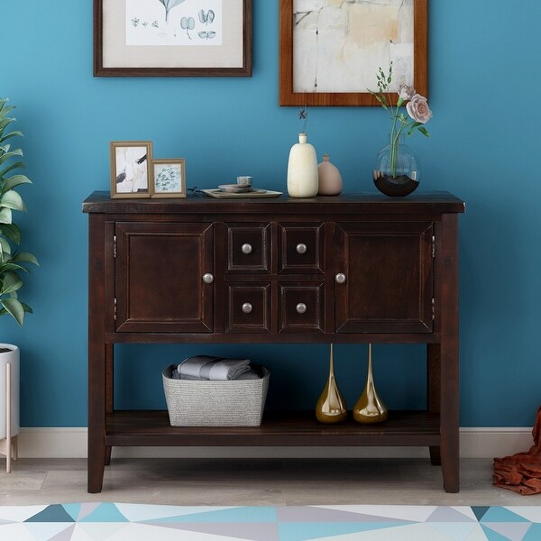 Wooden Console Table with 4 Storage Drawers and 2 Cabinets, Sofa Table with Bottom Shelf and Solid Wood Legs, Espresso