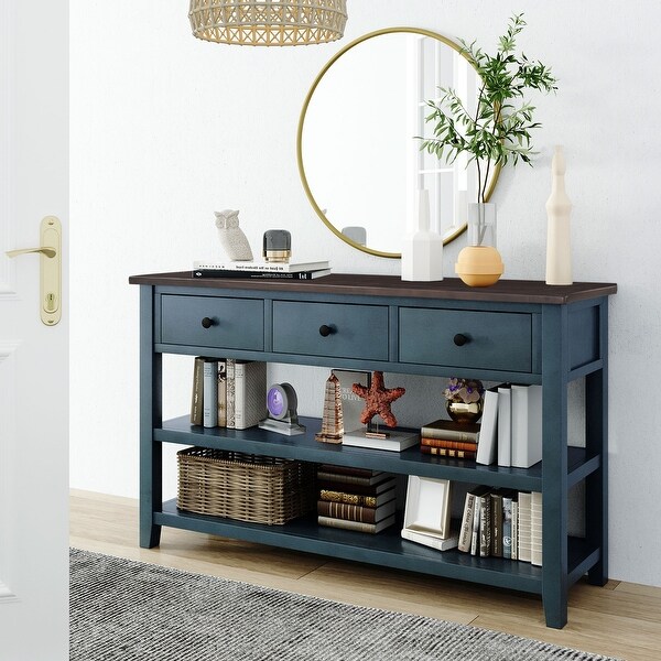 Mid-Century Style Console Table with 3 Drawers 2 Open Shelves, Modern Sofa Table with Solid Wood Frame and Legs for Living Room