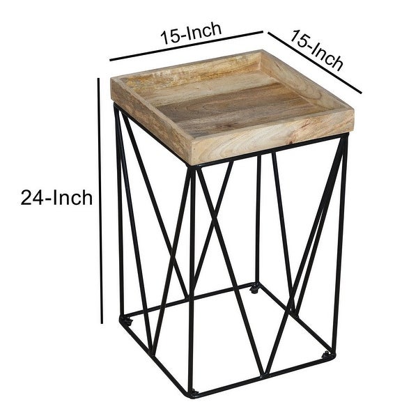 24 Inch Industrial End Side Table, Mango Wood Square Tray Top, V Shape Iron Accent, Brown, Black - 24