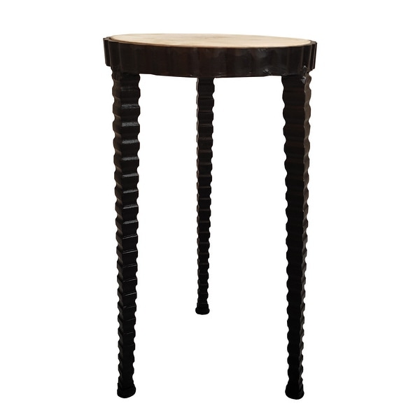 22 Inch Round Wooden Side Table with Tapered Tripod Base, Brown and Black