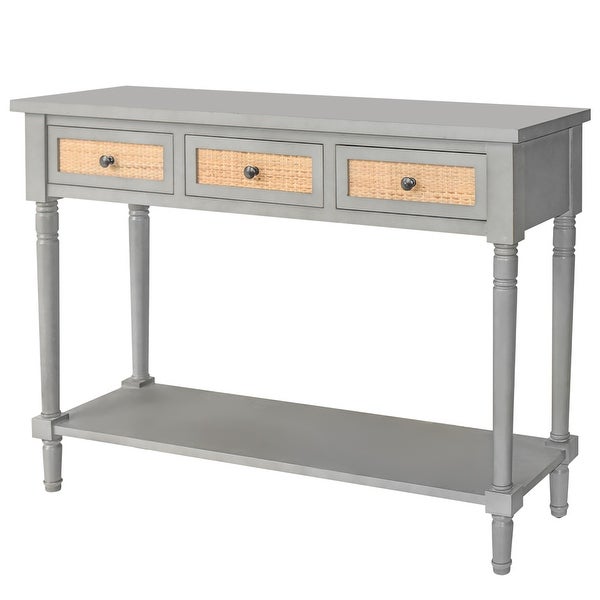 Farmhouse Rattan Console Table, Rustic Long Entryway Table with 3 Drawers,Long Shelf Sofa Table, Antique Gray