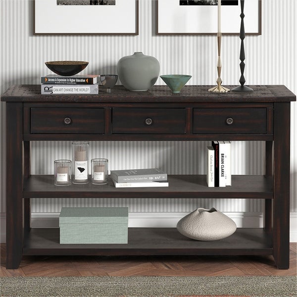48'' Solid Pine Wood Top Console Table, Modern Entryway Sofa Side Table with 3 Storage Drawers and 2 Shelves. Easy to Assemble