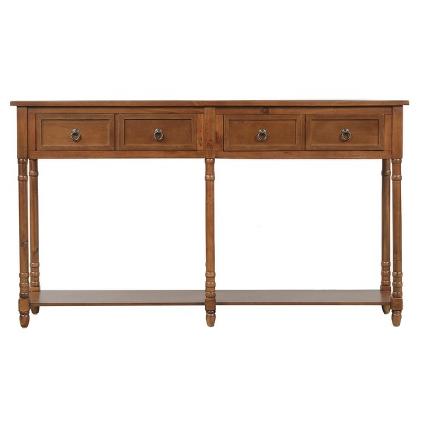 Rectangular Console Table Sofa Table with Drawers and Long Shelf, Walnut