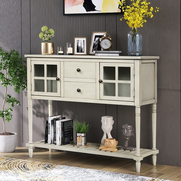 Sideboard Console Table with Bottom Shelf, Farmhouse Wood Glass Buffet Storage Cabinet Living Room Antique Grey