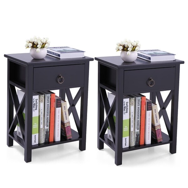 2 Piece Coffee Table with One Drawer Bedside Table X-Shaped Side Table with Storage Shelf End Table for Living Room,Bedroom