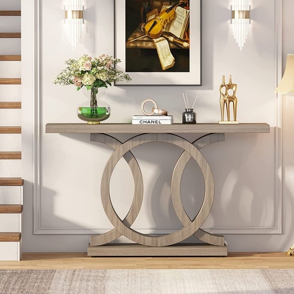 Console Table with Geometric Base, Farmhouse Hallway Table, Wooden