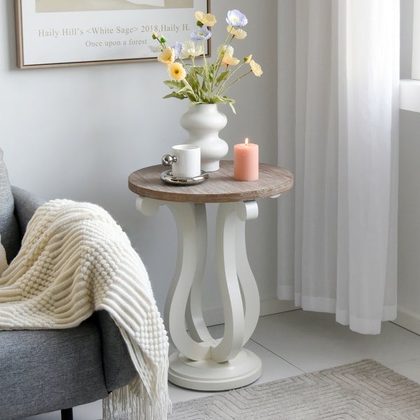Farmhouse Round End Table, Rustic Wood Side Table for Living Room/Bedroom, White/Natural