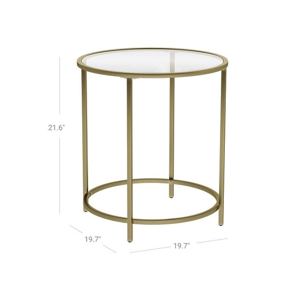 Round Side Table, Tempered Glass End Table with Golden Metal Frame, Small Coffee Table, Bedside Table, Living Room, Balcony