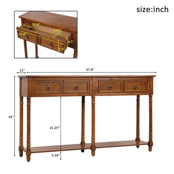 Rectangular Console Table Sofa Table with Drawers and Long Shelf, Walnut