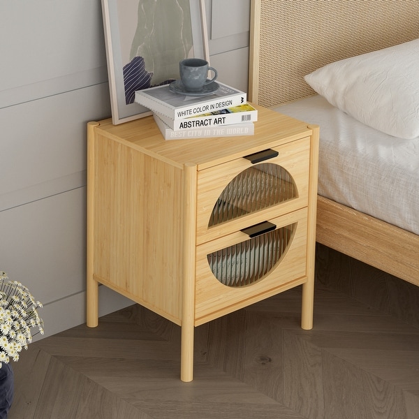 2 Drawer End Table,Bamboo Mid Century Modern Nightstand,Bedside Table Accent End Table Side Table for Living Room