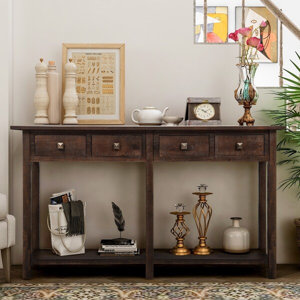Rustic Brushed Texture Console Table with 4 Drawers and a Open Bottom Shelf, Classic Wood Entryway Table for Living Room, Entryway