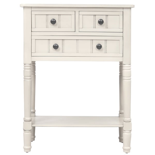 Narrow Console Table with 3 Storage Drawers and Black Round Deco Knobs, Slim Sofa Table with Bottom Shelf, Ivory