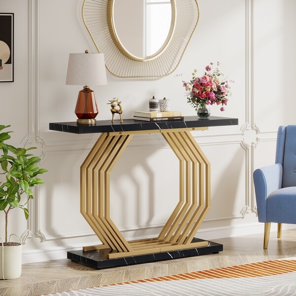 40 Inch Modern Gold Console Table, Faux Marble Entryway Table for Living Room