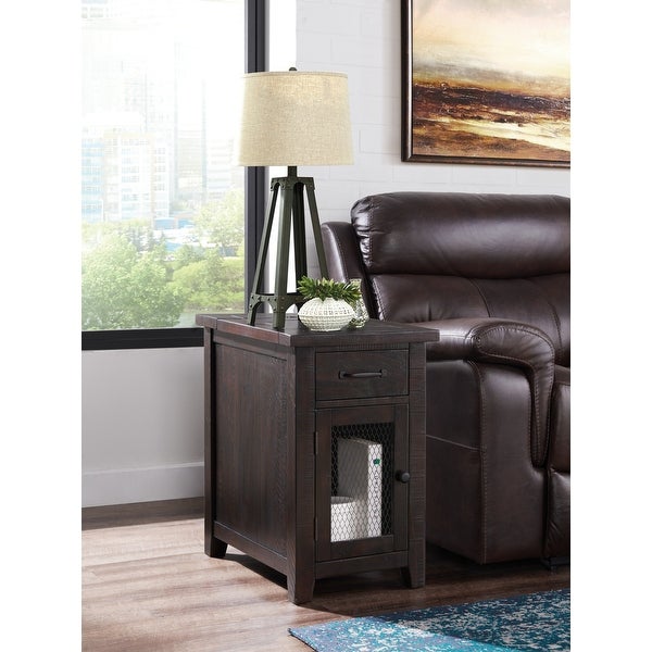 Rustic Chairside Table with hidden Charging Station, Solid Wood